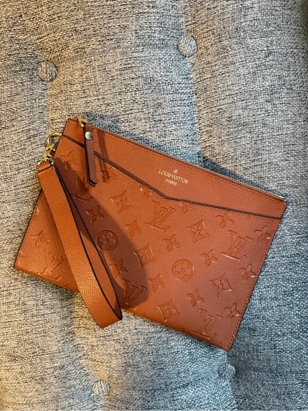 Embossed Monogram NOT REAL Wristlet Pouch in Cognac